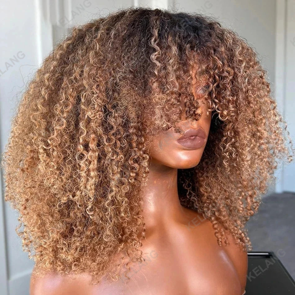 Afro kinky Curly Hair Wig Ombre blonde Brown 100% Human Hair wig Highlights Honey blonde 250% Density Glueless Wig With Bangs