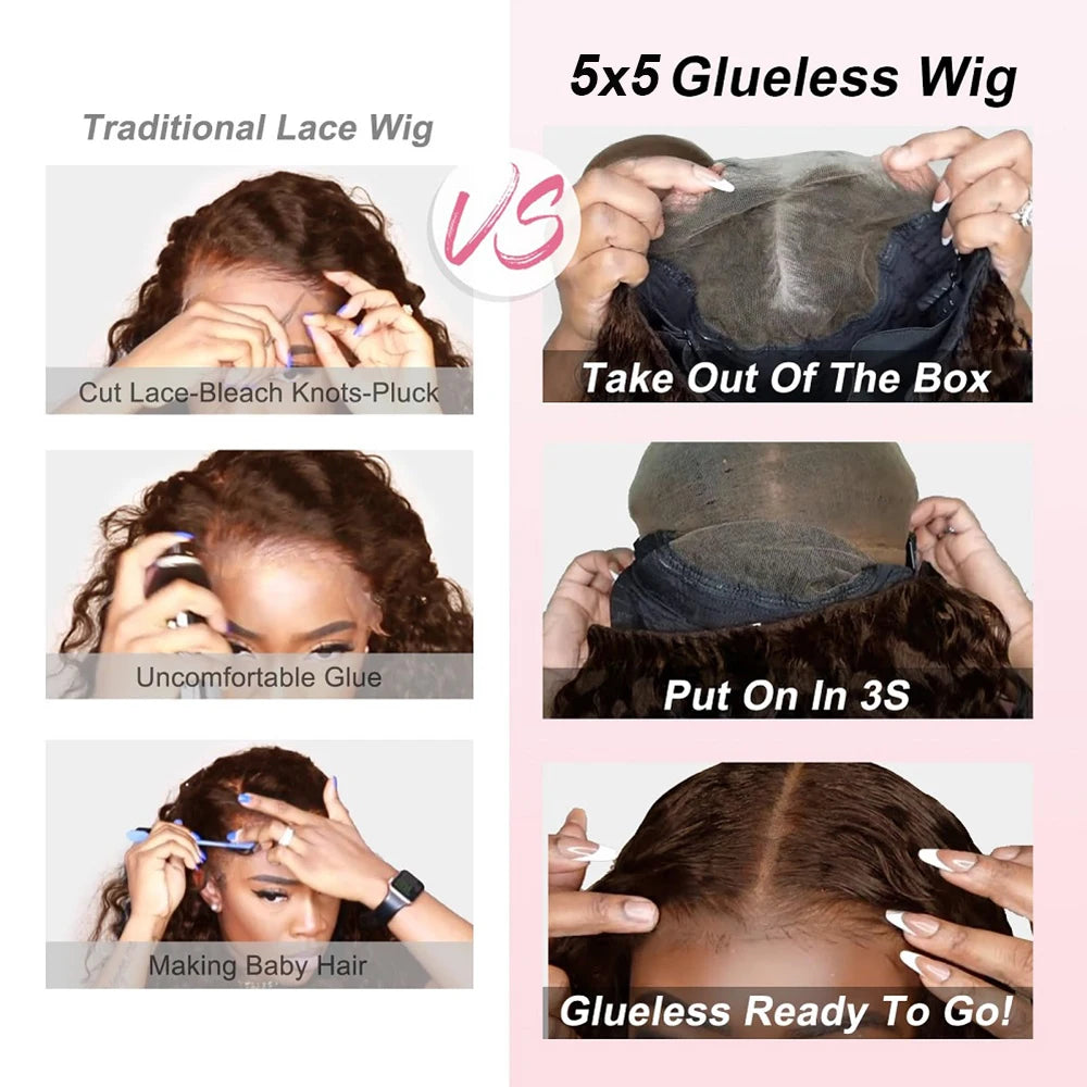 Chocolate Brown Deep Wave Glueless Wigs Human Hair Ready To Wear Pre-Cut Lace Wig 5x5 Wear Go Glueless Human Hair Wigs...
