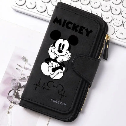  Mickey Minnie Lady Long Zip Wallet Buckle Tote Bag Coin Purse Soft PU Leather Multi-functional Card Holder Casual Daily