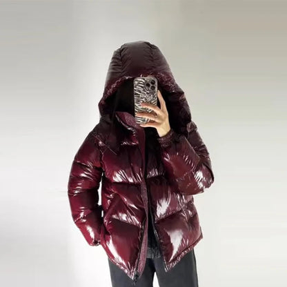 Chic Glossy Women's Thicken Cotton Coats Hooded Solid Loose Zippers Warm Lady Coat 2025 Winter Casual Female Street Jackets
