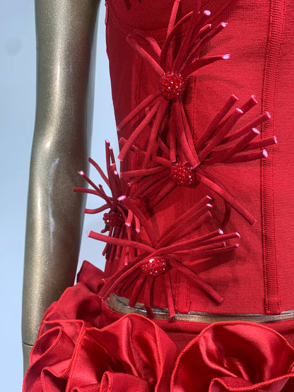 High End Fashion Women Red Bandage Outfit Halter Slash Neck Corset Top And Rose Mini Skirt Two Pieces Sets Evening Club Party