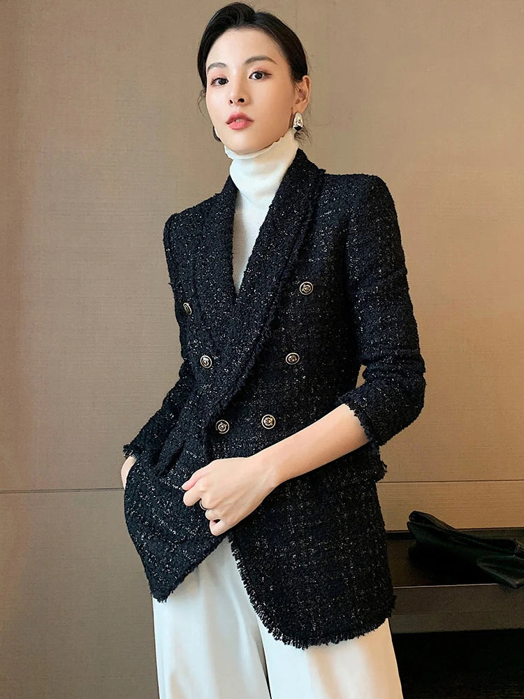 2021 autumn new style small fragrant black temperament wool small suit jacket women's self-cultivation suit blouse