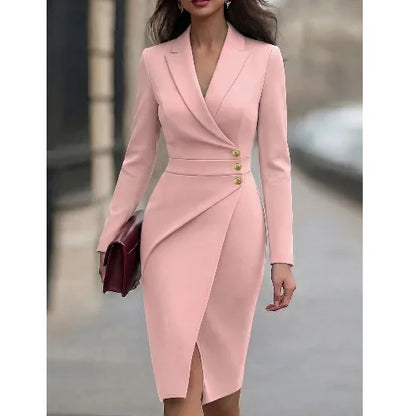 Elegant Pink Waist-Cinching Button Decorated Split Midi Long Sleeve Suit Dress for Women Fashionable Commute Business...