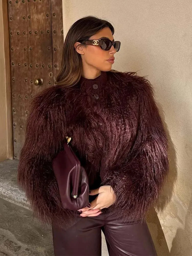 Faux Fur Knitted Short Coats Autumn And Winter Women Fashion O-Neck Jackets  2025 Elegant Office Ladies Casual Outerwear ﻿