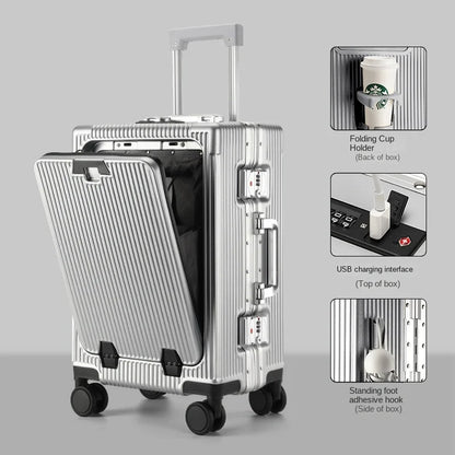 New Suitcase Front Opening Laptop Bag Aluminum  Frame Luggage with USB Port Password Trolley Case Travel Suitcases 20-28 inch
