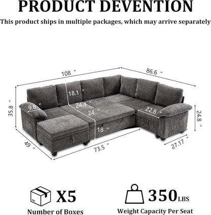 108 Inch Sectional Sleeper L Shaped Sofa with Pull Out Bed, 7 Seat Modular Sectional Sofa with Storage, Modern Chenille...