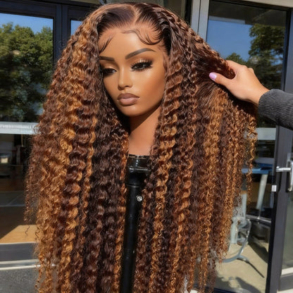 Highlight Wig Human Hair Ombre Deep Wave 13x6 HD Lace Frontal Wigs 4/27 Color Glueless Water Wave Curly Lace Front Wig 250 Density For Women ﻿
