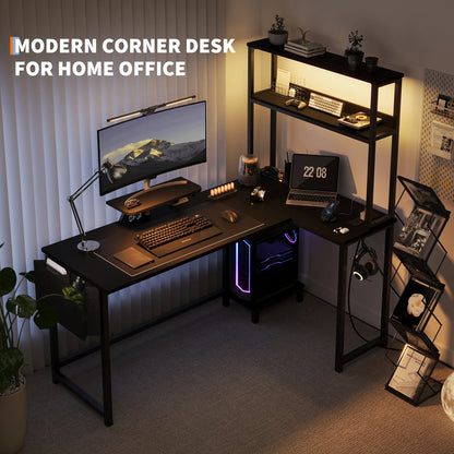 L Shaped Gaming Desk with Power Outlets & LED Lights, Corner Desk with Monitor Stand for Home Office, Space-Saving |...