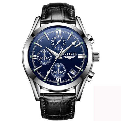 LIGE Fashion Men Watches Top Brand Luxury Military Quartz Watch for Men Business Leather Waterproof Casual Sport Chronograph New