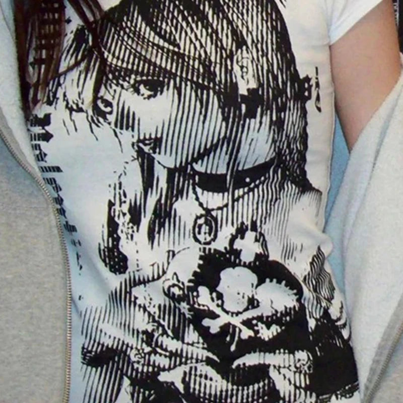 Y2K Fashion T shirt fairy grunge Summer E-girl White Black Crop Top Slim 2000s Harajuku Goth Locomotive wind Short Sleeve