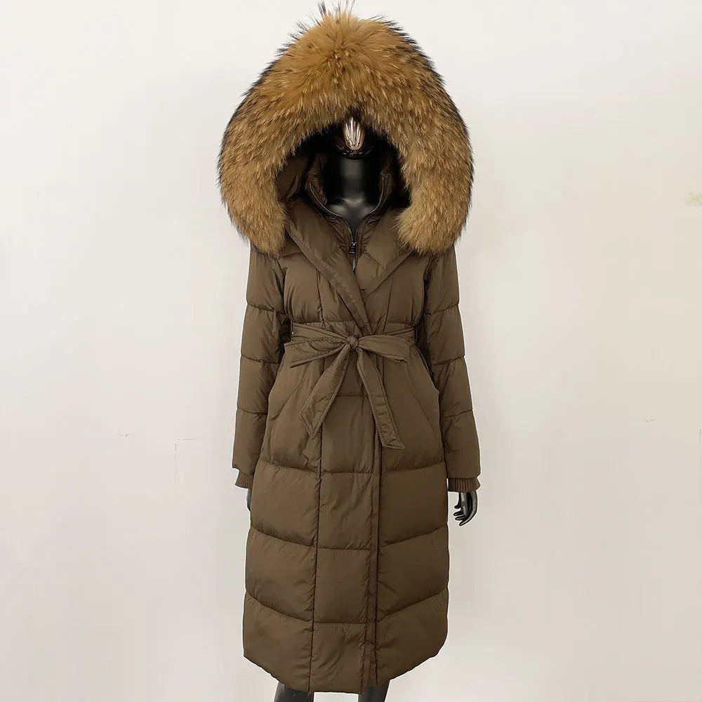 CXFS New Real Raccoon Fox Fur Collar Hooded Natural Long Winter Jacket Women 90 White Duck Down Coat Thick Warm Casual Outerwear
