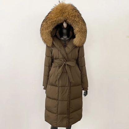 CXFS New Real Raccoon Fox Fur Collar Hooded Natural Long Winter Jacket Women 90 White Duck Down Coat Thick Warm Casual Outerwear