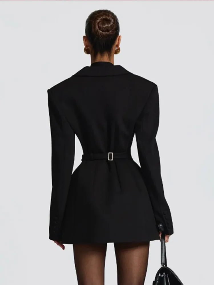Solid Waist Cinching Blazer Dress Women Chic Long Sleeves Lapel V-neck Double Breasted Slim Short Dresses Lady Daily Street Gown