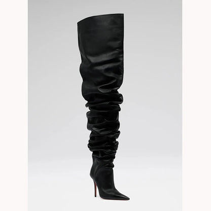 Fashion wrinkle pointed toe women over knee boots sexy thin heel zipper long boots