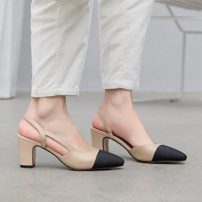 LeShion Of Chanmeb 33-43 Women Luxury Brand Designer Shoes Woman High Heeled Genuine Leather Slingbacks Beige Nude Pumps Classic - Kimlud