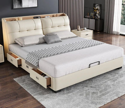 Pure White Nordic Style Oak Panel Queen Bed Frame Steel Frame Cama Modern Bed Queen Size Bed | Kimlud Luxury Bed