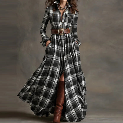 2025 Turn-Down Collar Patchwork Party Dress, Women Spring Autumn Long Sleeve Chic Maxi Dress, Plaid Printed Loose Cardigan Dress