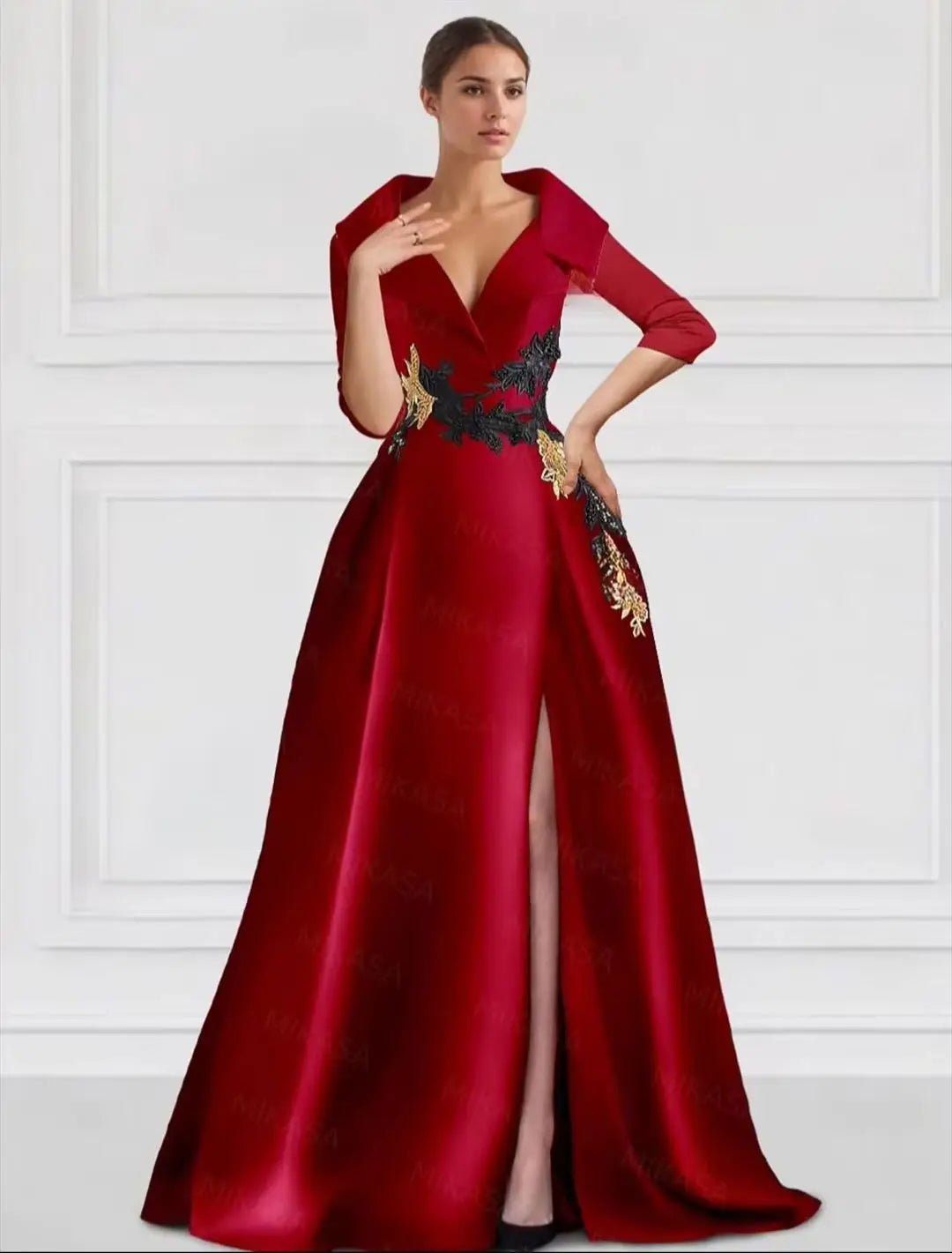 Classic Satin Evening Dresses For Women Wedding Party Guest V-neck Three Quarter A-line Side Slit Elegant Prom vestidos de gala