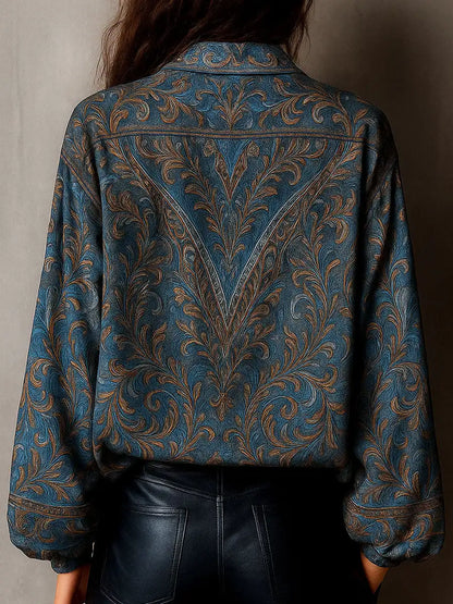 Retro Blue Paisley Print Loose Blouse Women Lapel Button Long Sleeve Basic Shirts Casual Beach Bohemian Tops blusas femmes