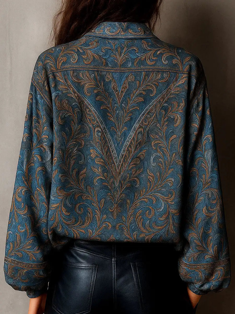 Retro Blue Paisley Print Loose Blouse Women Lapel Button Long Sleeve Basic Shirts Casual Beach Bohemian Tops blusas femmes