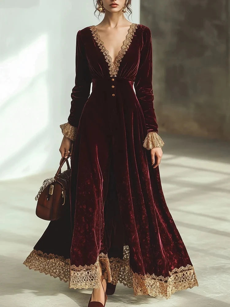 Autumn Women Dress Vintage Pleated V Neck Long Sleeve Velvet Lady Maxi Dress Solid Color Lace Stitching Slim Fit Female Dresses