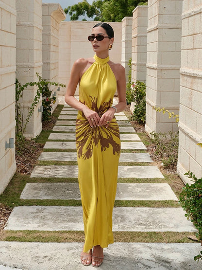 2026 Summer Sexy Print Long Women Dress Fashion Backless Sleeveless Halter Pleated Female Dresses Beach Vacation Lady...