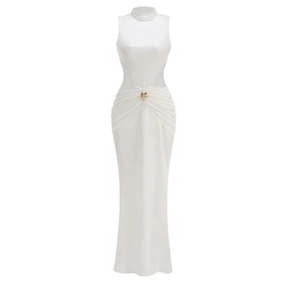 Sexy Sleeveless High Neck Folds Long Dress Women White Waist Hollow Out Ruched Buttons Slim Dresses Evening Party Maxi...