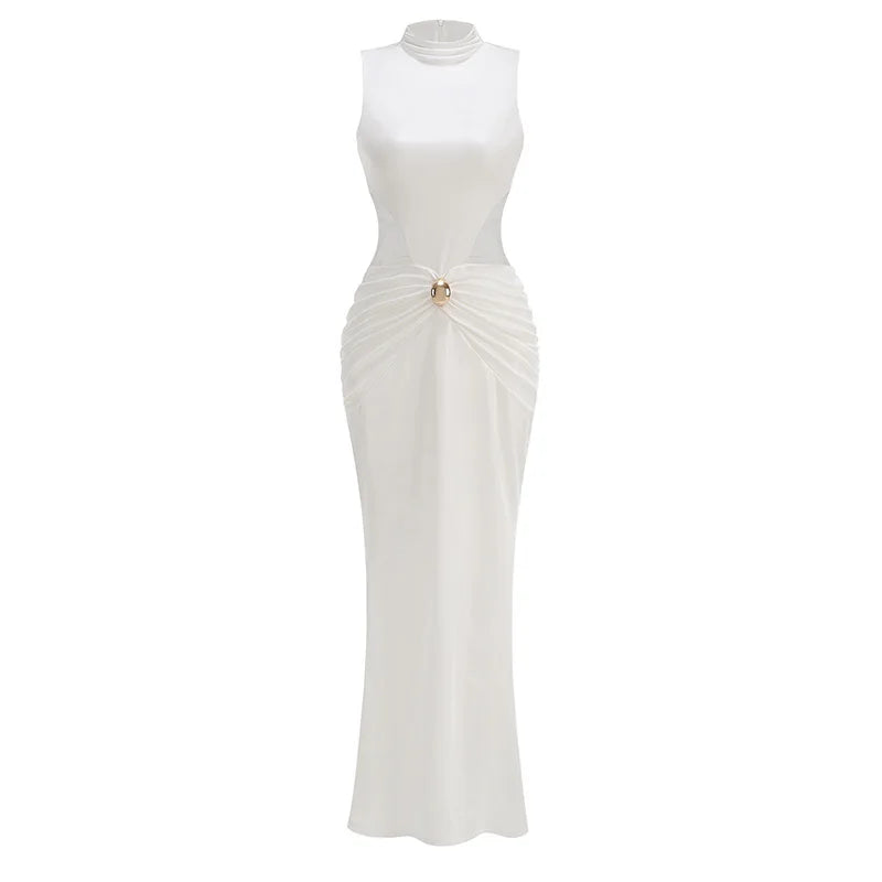 Sexy Sleeveless High Neck Folds Long Dress Women White Waist Hollow Out Ruched Buttons Slim Dresses Evening Party Maxi...