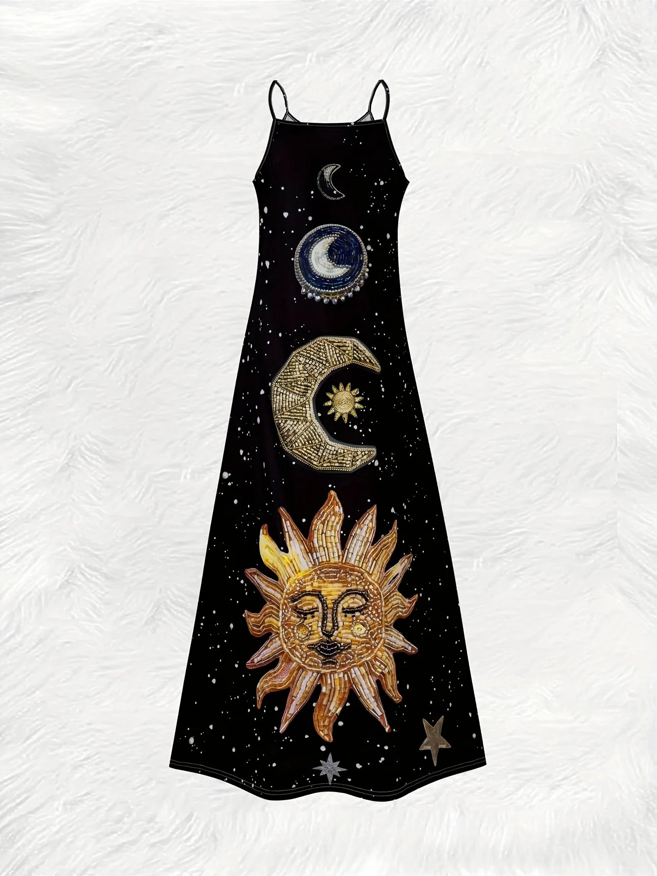Retro Astral Print Slip Dress with Moon Sun Star Pattern Round Neck Sleeveless Summer Maxi Dress for Women Casual Beach Party - Kimlud