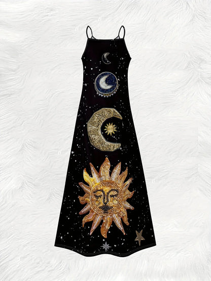 Retro Astral Print Slip Dress with Moon Sun Star Pattern Round Neck Sleeveless Summer Maxi Dress for Women Casual Beach Party - Kimlud