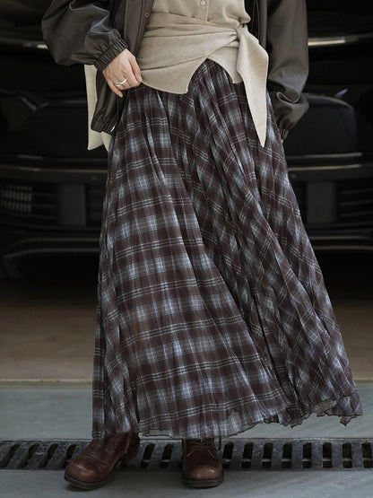 [EAM] High Elastic Waist Blue Coffee Plaid Vintage A-line Half-body Skirt Women Fashion Tide New Spring Autumn 2026 1DJ3750 - Kimlud