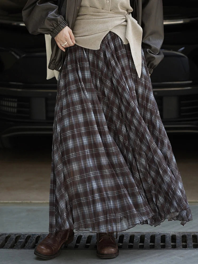 [EAM] High Elastic Waist Blue Coffee Plaid Vintage A-line Half-body Skirt Women Fashion Tide New Spring Autumn 2026 1DJ3750 - Kimlud