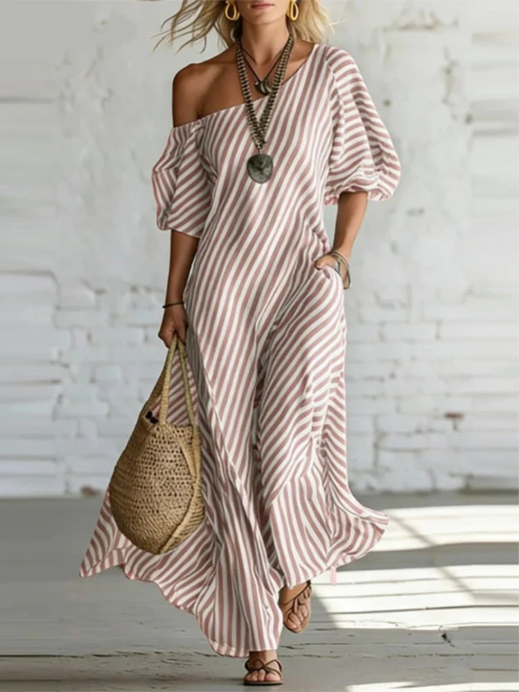 Comfortable daily single shoulder bubble sleeve dress with classic striped print 2026 summer new casual loose long dress