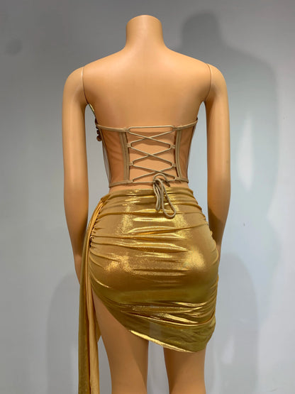 2024 Sparkly Gold Sexy Top Two Pieces Short Skirt Set Women Celebrate Party NightClub Performance Dancer Show Stage Outfit