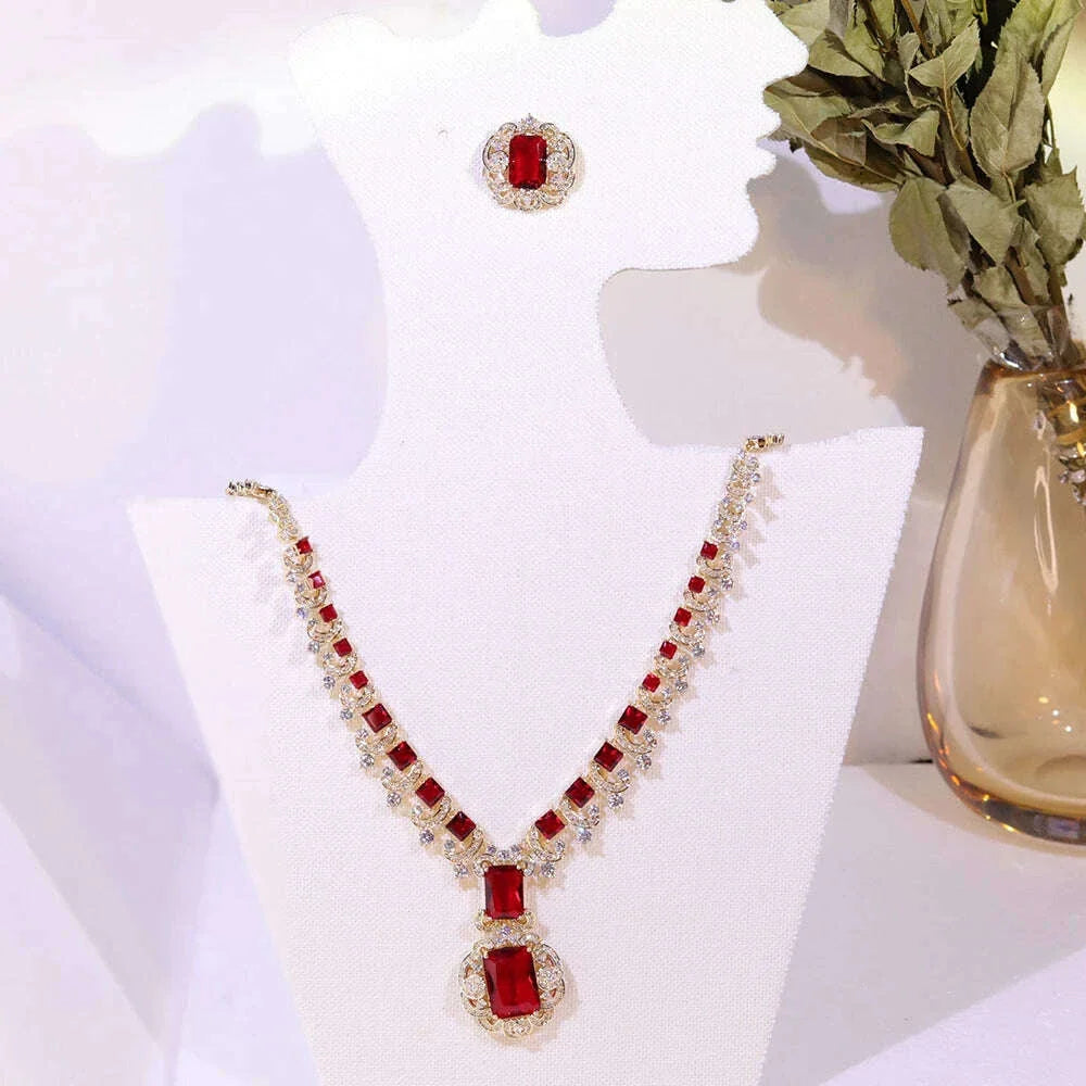 ASNORA New European and American Banquet Jewelry,  Heart Earrings Necklace Set Women's Red Zircon Square Pendant