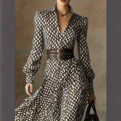 Women's Vintage Plaid Print Shirt Dress V-neck Bubble Long Sleeve High Waist Slim A- line Skirt Elegant Midi Dress Autumn Fashio