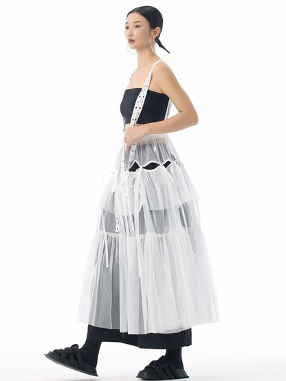 [EAM] High Elastic Waist Coffee Mesh Perspective Ribbon Strap Half-body Skirt Women Fashion Tide New Spring Autumn 2026 1DJ5044