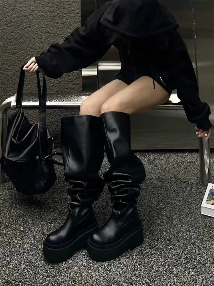 Women Platform Knee High Boots Fashion Pleated Round Toe Square Heel Leather Boots Black Party Dress Women Shoes Large Size35-40