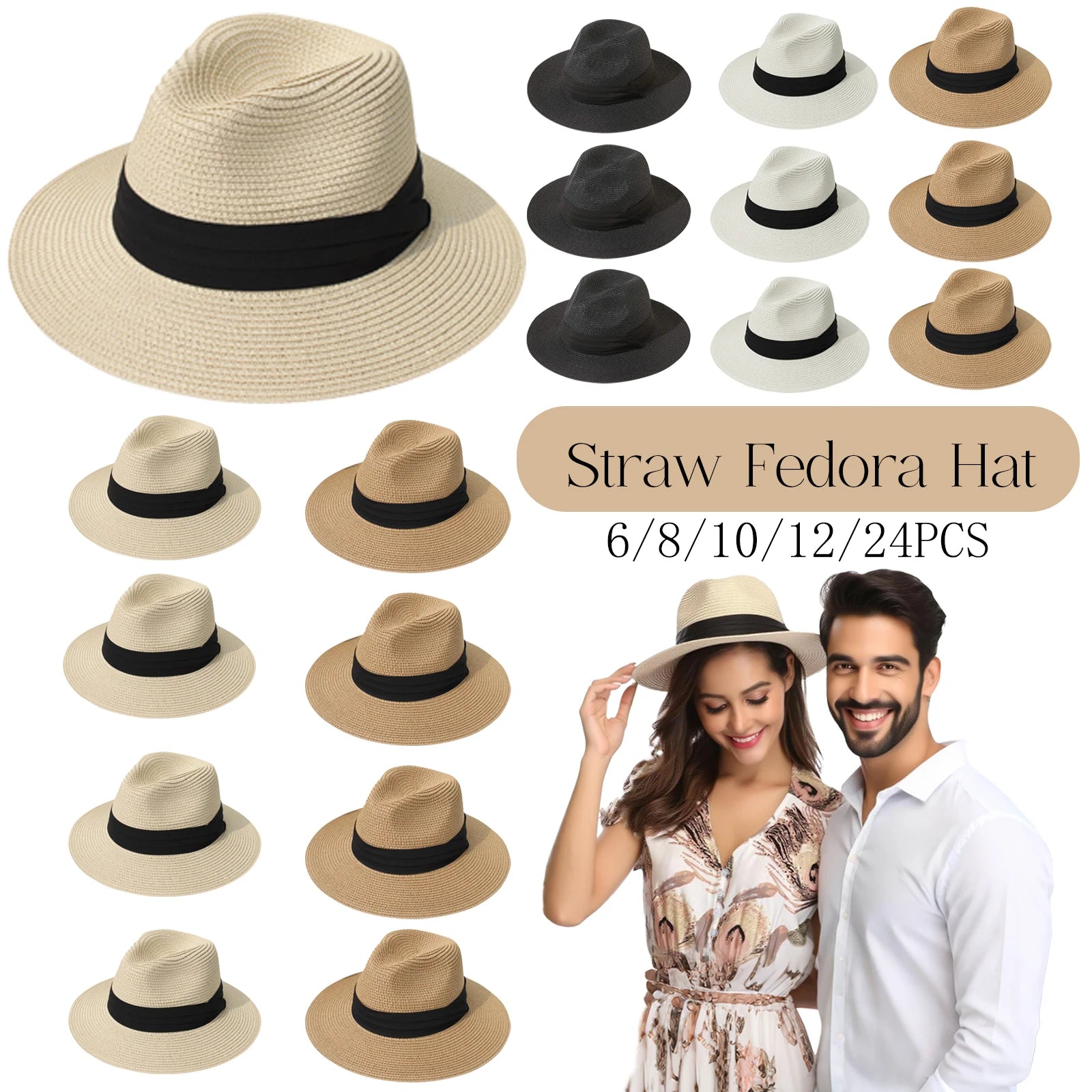 6-48PCS Straw Hat for Wedding 1920s Party Sombrero Straw Fedora Hats Panama Sun Summer Hat Beach Wedding Favors Men Women Trilby