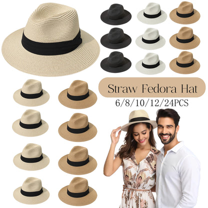 6-48PCS Straw Hat for Wedding 1920s Party Sombrero Straw Fedora Hats Panama Sun Summer Hat Beach Wedding Favors Men Women Trilby