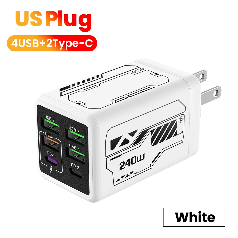 240W 6 Ports 4USB+2Type C Super Fast Charging Mobile Phone Charger USB3.0 PD3.0 EU/UK/US Charger For Iphone 17 16 Samsung POCO