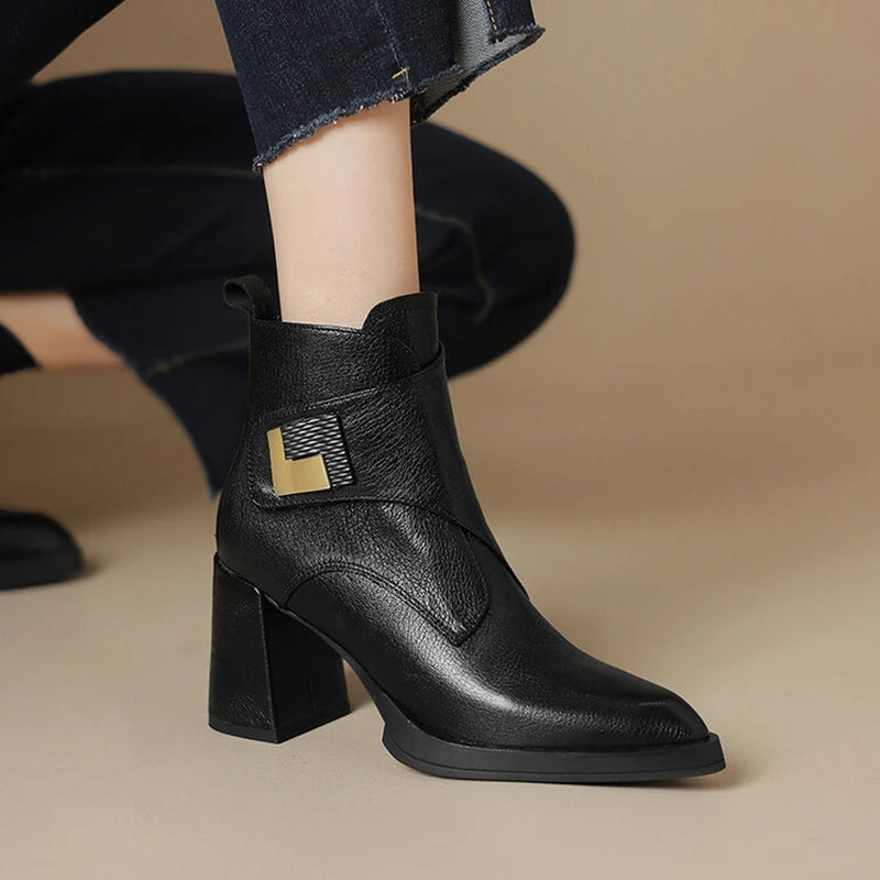 NEW Autumn/Winter Women Boots Genuine Leather Shoes for Women Pointed Toe Chunky Heel Shoe High Heel Modern Boots Platform Shoes