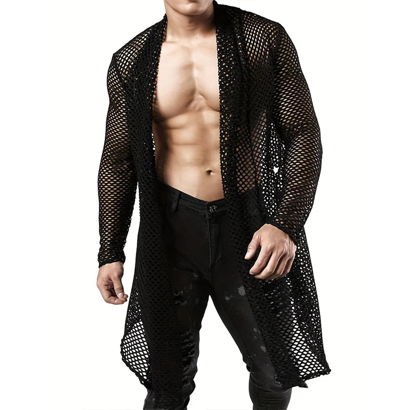Men's Sexy Hollow Out Long Cardigan Grid Shirts Streetwear Fashion Perspective Long-sleeved Solid Color T Shirt Tops S-3XL - Kimlud