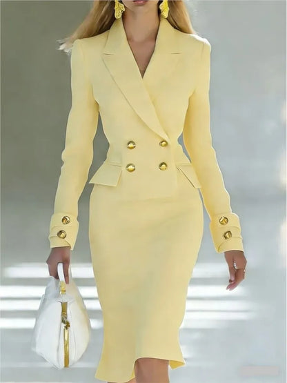 Elegant Women V-neck Double Breasted Blazer Dresses Spring Autumn Fashion Solid Long Sleeve Office Business Wrap Hip Slim Dress
