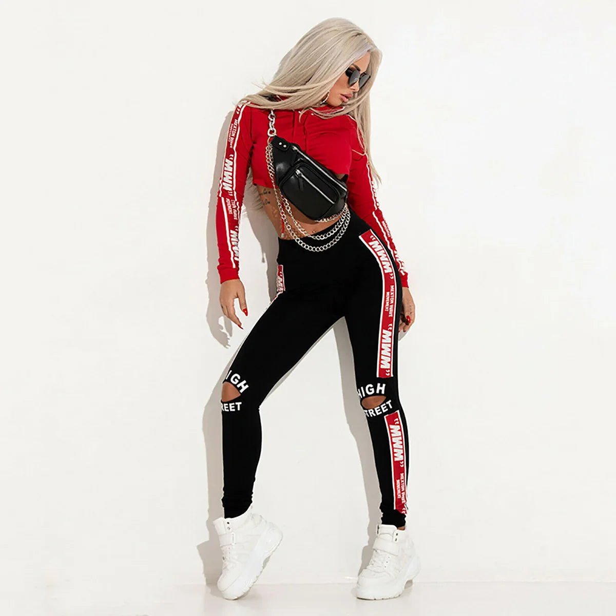 Oshoplive Women Fashion Letter Printed Crop Hoodies Long Sleeves Tops & Holes Pants Sports Suits Gym Sportswear Two...
