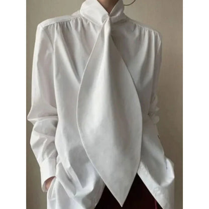 Freeacy Stylish Black White Solid Color Long Sleeves High Neck Blouses Loose Fit Office Shirt Tops For Urban Women 2023 New