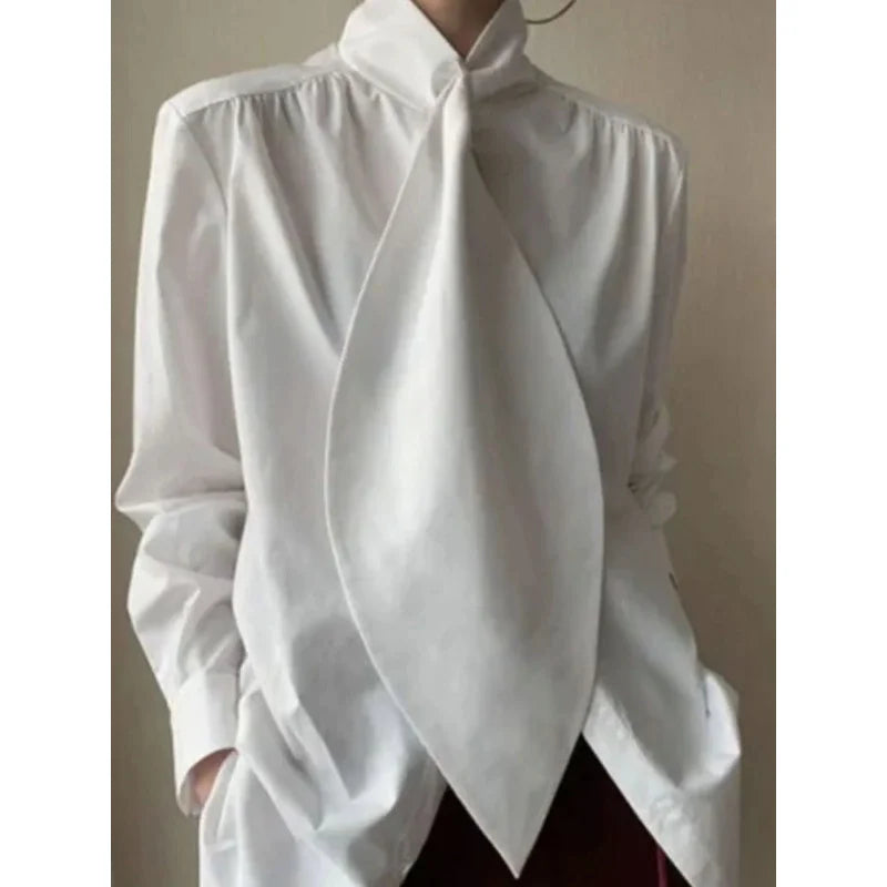 Freeacy Stylish Black White Solid Color Long Sleeves High Neck Blouses Loose Fit Office Shirt Tops For Urban Women 2023 New