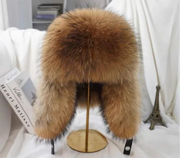New Winter Men's 100% Real Silver Fox Fur Bomber Hat Raccoon Fur Ushanka Cap Trapper Russian Man Ski Hats Caps Real Leather Top - Kimlud