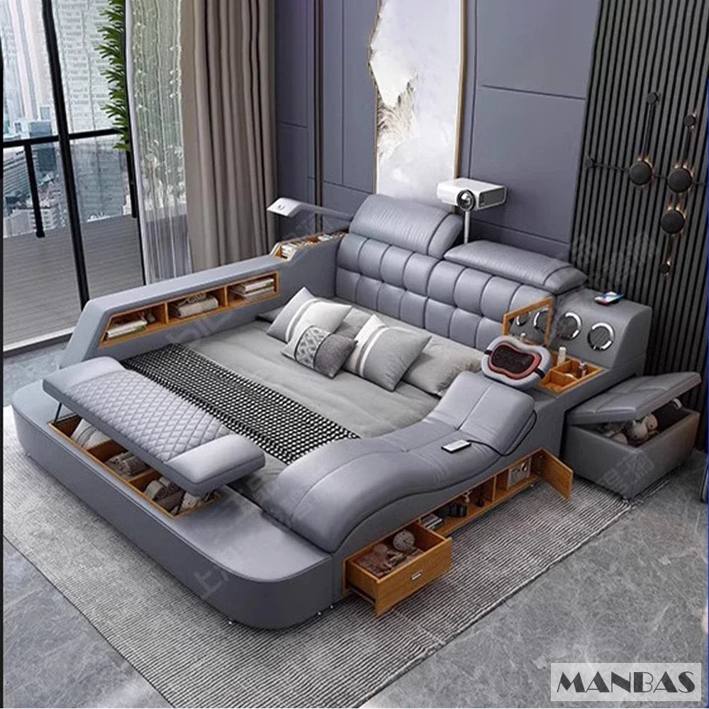 MINGDIBAO Luxury King Size Genuine Leather Bed / Tech Smart Bed / Multifunctional Ultimate Beds / Massage Bed with USB,Projecter