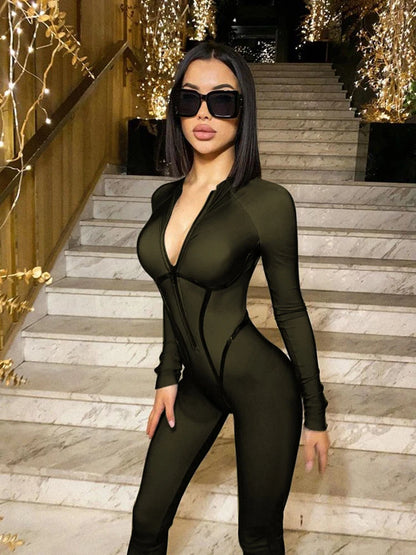 S-4XLWomen Sexy Zipper Jumpsuit Long Sleeve Bandage Tights Solid Bodysuit Female Party Bodycon Stretch Sporty Leisure - Kimlud
